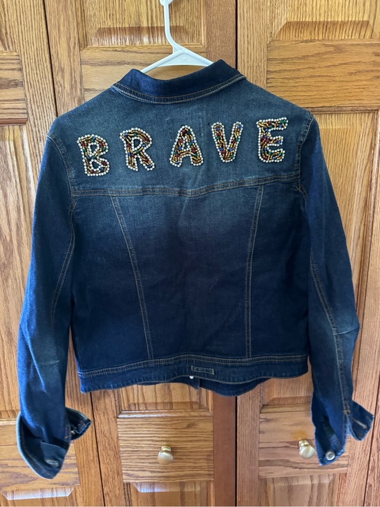 Jackets & Blazers - Dark Blue Denim Jacket with 'BRAVE' Bead Embellishment